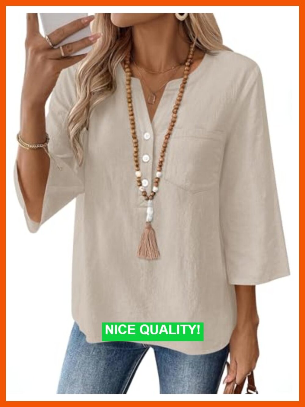 Cotton Linen 3/4 Sleeve V Neck Button Down Blouse